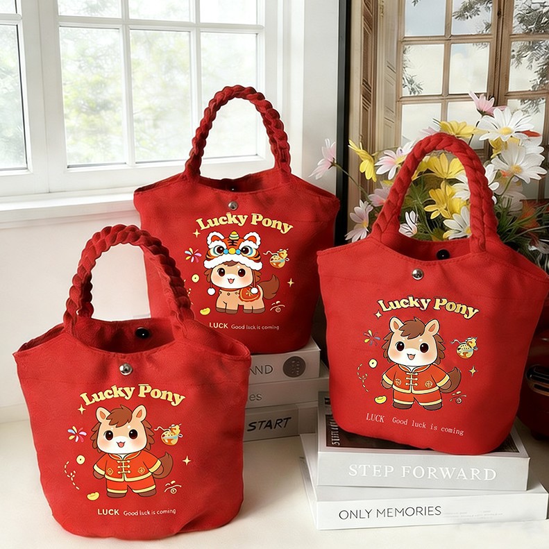 Year of the Horse 6 New Mana Red Bucket Bag Festive Wedding Celebration Cute Canvas Bag Annual Meeting Gift Custom Canvas Bag