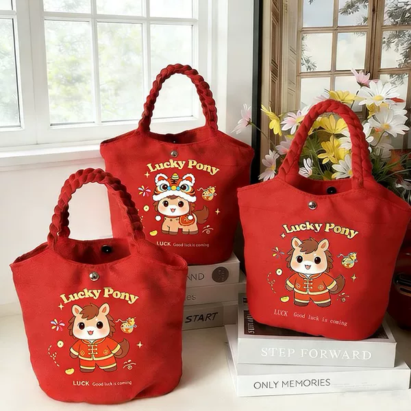 Year of the Horse 6 New Mana Red Bucket Bag Festive Wedding Celebration Cute Canvas Bag Annual Meeting Gift Custom Canvas Bag