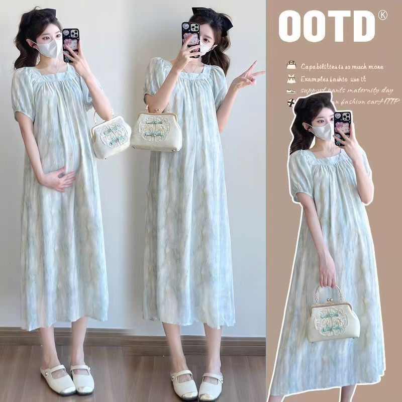Maternity Dress Summer Thin Square Neck Tie-Dye Maternity Dress 2026 Summer New Maternity Wear Belly-Covering Dress Summer