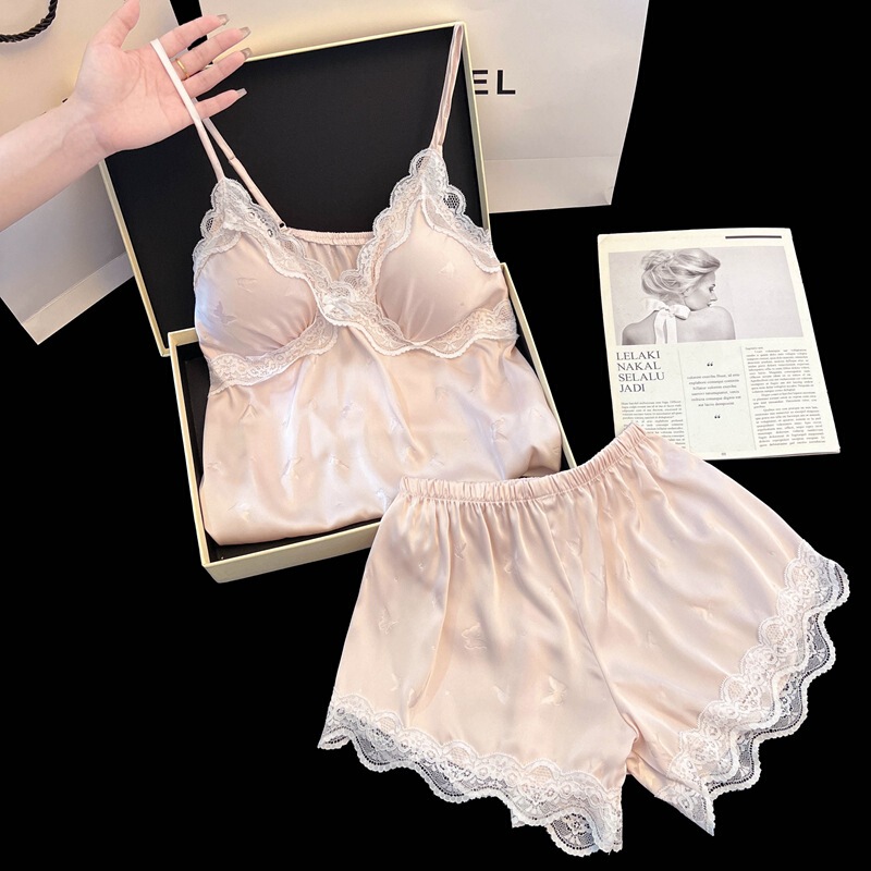 Pure Desire Lace Ice Silk Suspender Pajamas Women's Summer 2025 New French Sexy Belted Breast Pad Home Clothes Set
