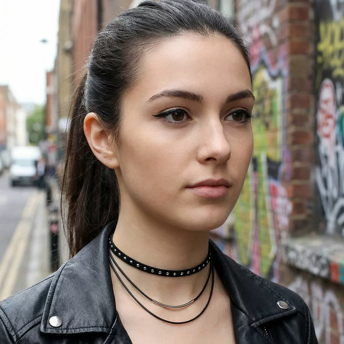 欧美跨境简约多层choker项链女 时尚个性铆钉赛博朋克风短款颈带