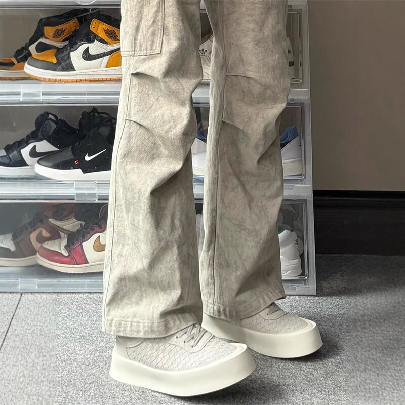American High Street Men's Jeans Versatile Cargo Pants 2025 New Washed Cotton Pleated Straight Casual Pants