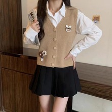 学院风立体花朵针织纯色马甲女秋冬新款复古V领坎肩叠穿马甲背心