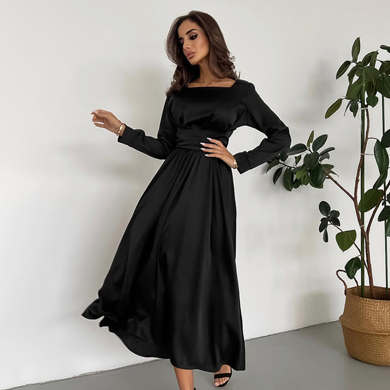 Autumn 2024 Hepburn Style Small Black Dress Elegant Square Collar dress Women's Satin Waist Bow Dress Dress Autumn 2024 Hepburn Style Small Black Dress Elegant Square Collar dress Women's Satin Waist Bow Dress Dress