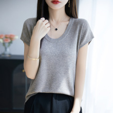 【厂家直供】夏季新款V领天丝针织短袖T恤女宽松显瘦纯色冰丝上衣