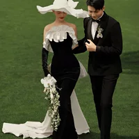 Elegant black velvet wedding dress with fish tail cut, photo session gown with accessories