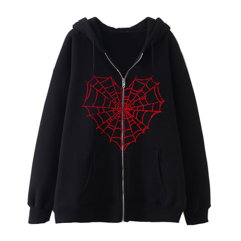 Men's Clothing trendy brand fashionable spider web print zipper hooded cardigan Men's casual versatile long sleeved sweater cardigan_voghion.com