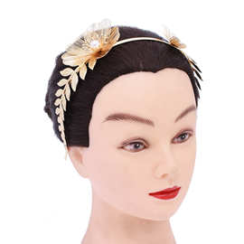 新款铜片花卉发箍仿珍珠花朵个性舞会派对发饰金色树叶发卡