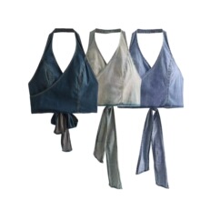 外贸2023秋季新款女装欧美风双襟露背系带牛仔挂脖小上衣2659170