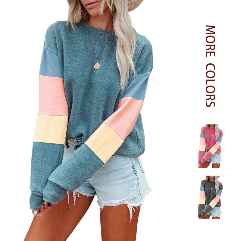2026 Amazon Autumn and Winter New Independent Platform European and American Cross-Border Temu Foreign Trade Women's Round-Neck Color-Blocking Pullover Sweatshirt