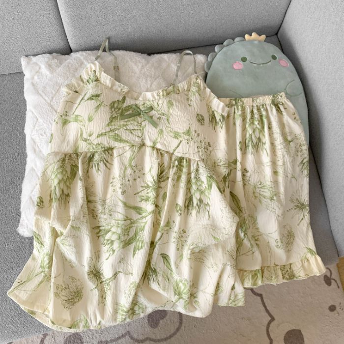 Venta al por mayor transfronteriza de algodón de nube de verano de gran tamaño gordos MM pijamas de cabestrillo para mujer con almohadilla para el pecho de dos piezas