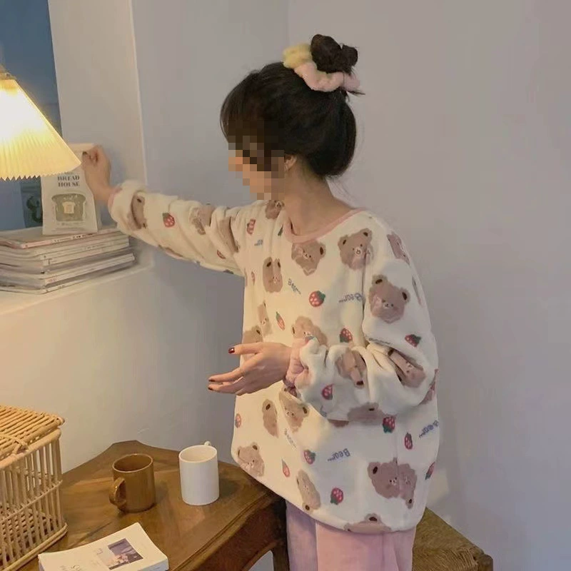 Милые фланелевые пижамы для девочек, женский костюм, милая домашняя одежда в японском стиле, осенне-зимняя теплая и свободная одежда на флисовой подкладке