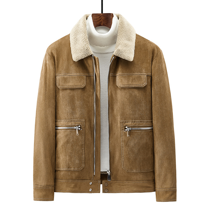 Abrigo de algodón acolchado de gamuza para hombres Otoño e Invierno ropa de trabajo vintage abrigo de algodón acolchado Cuello de piel Chaqueta de algodón acolchado chaqueta forrada de lana de cordero