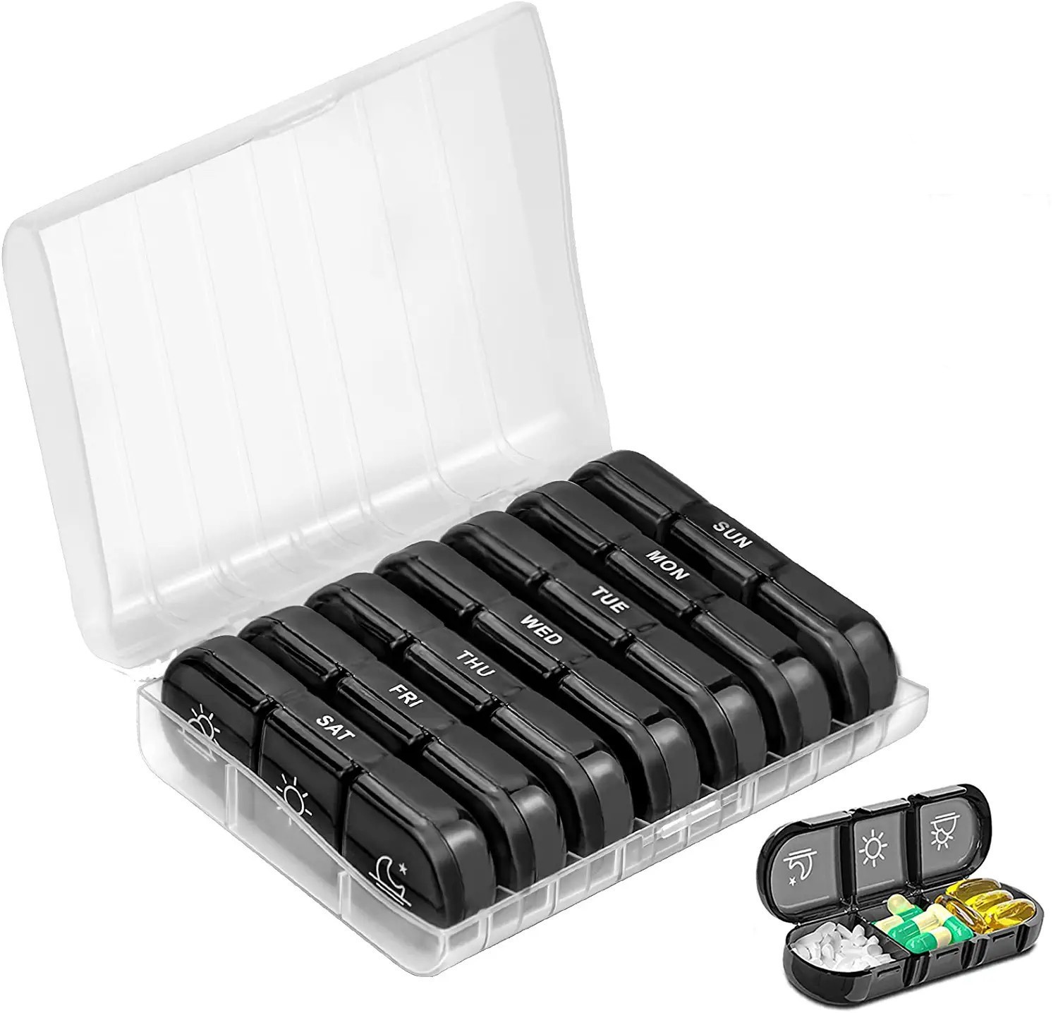 Amazon new hot sale 21 grid black pill box classification box portable plastic compartment seven days a week