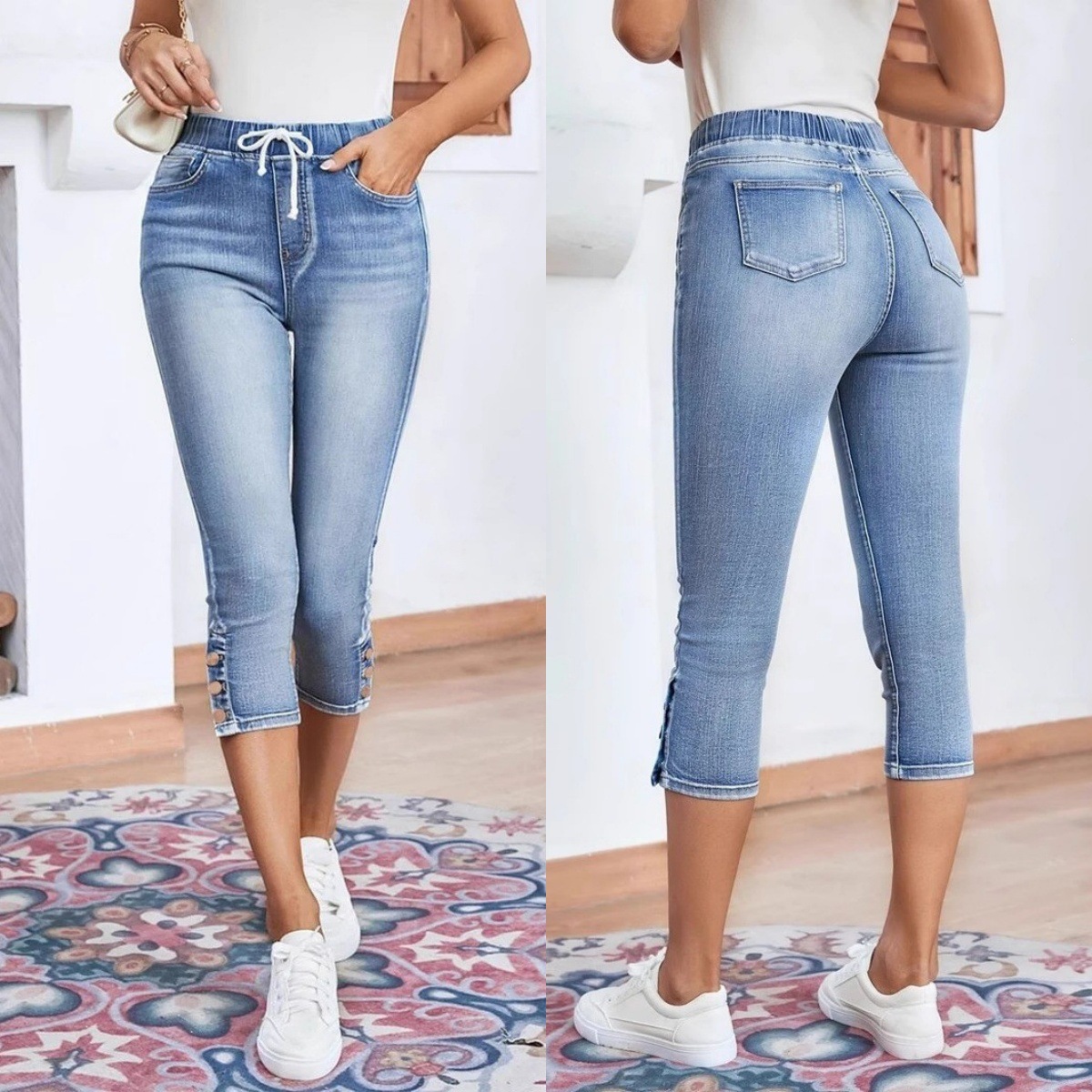 Cross-Border Exclusive Supply for Amazon Independent Sites: European and American Women's Fashion Jeans, Elastic Waist Drawstring Stretch Jeans, Women's Hot Pants
