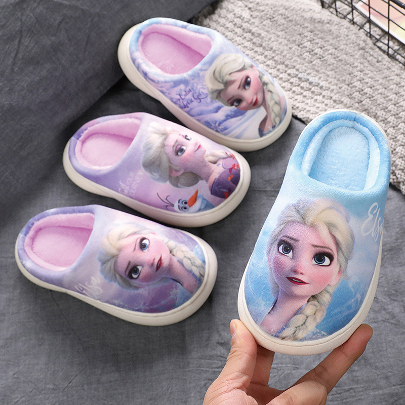Frozen Children's Autumn and Winter Girls' Cotton Slippers Medium and Large Children's Elsa Princess Warm Anti-Slip Home Baby Hair Slippers