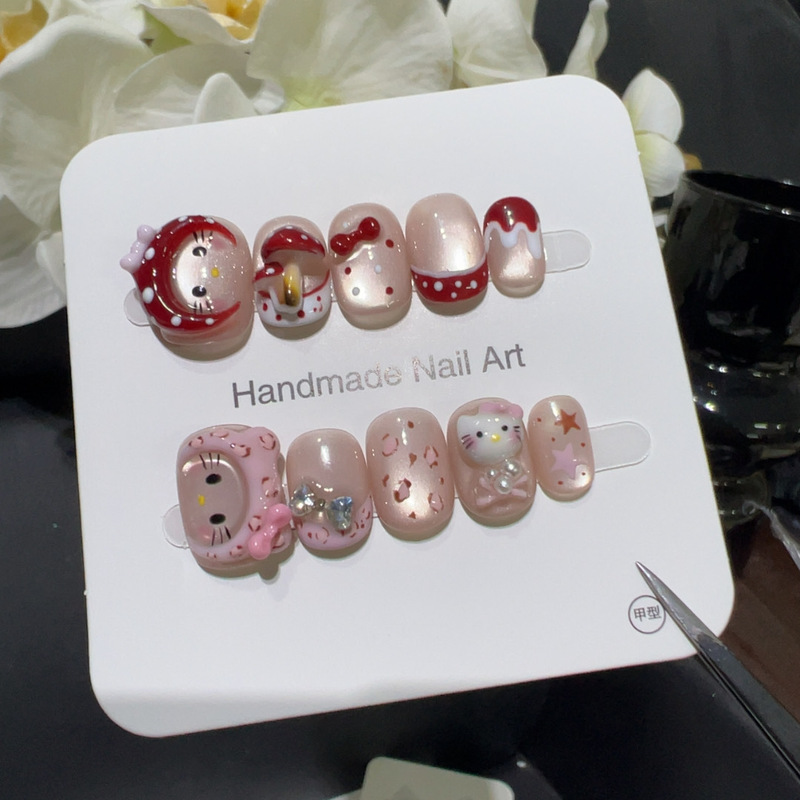 [Pink Hat Kitty] Hand-Kneaded Hat Kitty Bow Internet Celebrity Three-Dimensional Cartoon Girly Wearable Nails