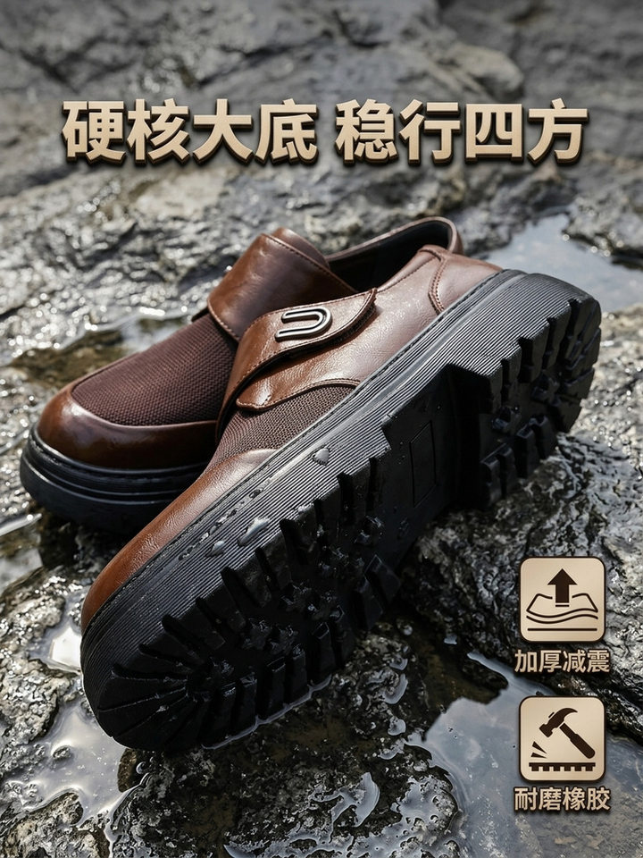 Giày lười nam da thật phối lưới thoáng khí, đế dày 3 cm chống trượt, gót thấp — Màu cà phê, màu đen chi tiết 2