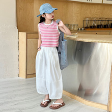 女童夏装套装2024新款韩版大童条纹背心夏季儿童白色灯笼裤两件套