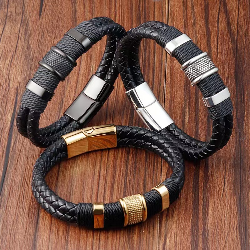 European and American Cross-Border Multi-Layer Woven Leather Bracelet Leather Alloy Magnet Buckle Bracelet Punk Style Men's and Women's Personalized Bracelets