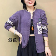 复古圆领提花针织开衫女春秋新款时尚休闲上衣气质短款毛衣外套潮