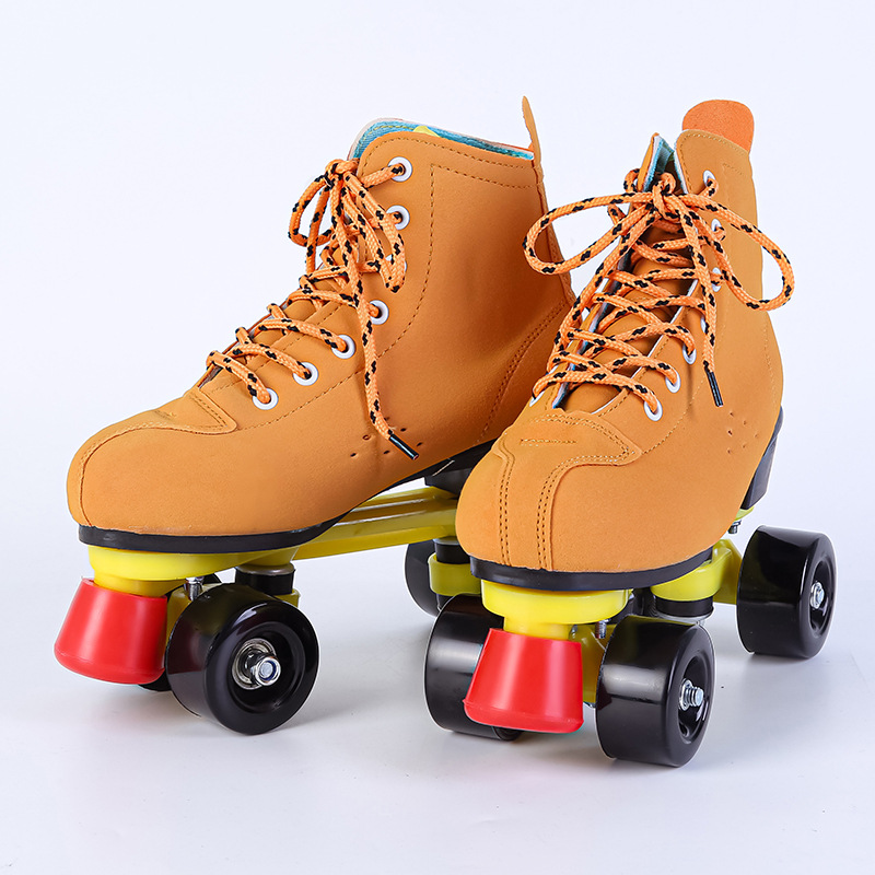 Fábrica al por mayor amarillo transpirable cuero doble fila patines pista de patinaje hombres y mujeres flash patines adultos luminoso patinaje sobre ruedas