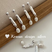 韩国ins风新款时尚小众简约耳饰 S925纯长条方形珍珠耳钉温柔气质