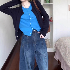 欧货别致蓝色假两件针织开衫女春秋撞色拼接毛衣外套洋气上衣