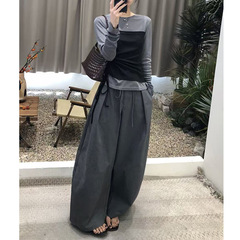欧洲站时尚撞色拼接假两件长袖上衣2025春秋款系带收腰阔腿裤套装