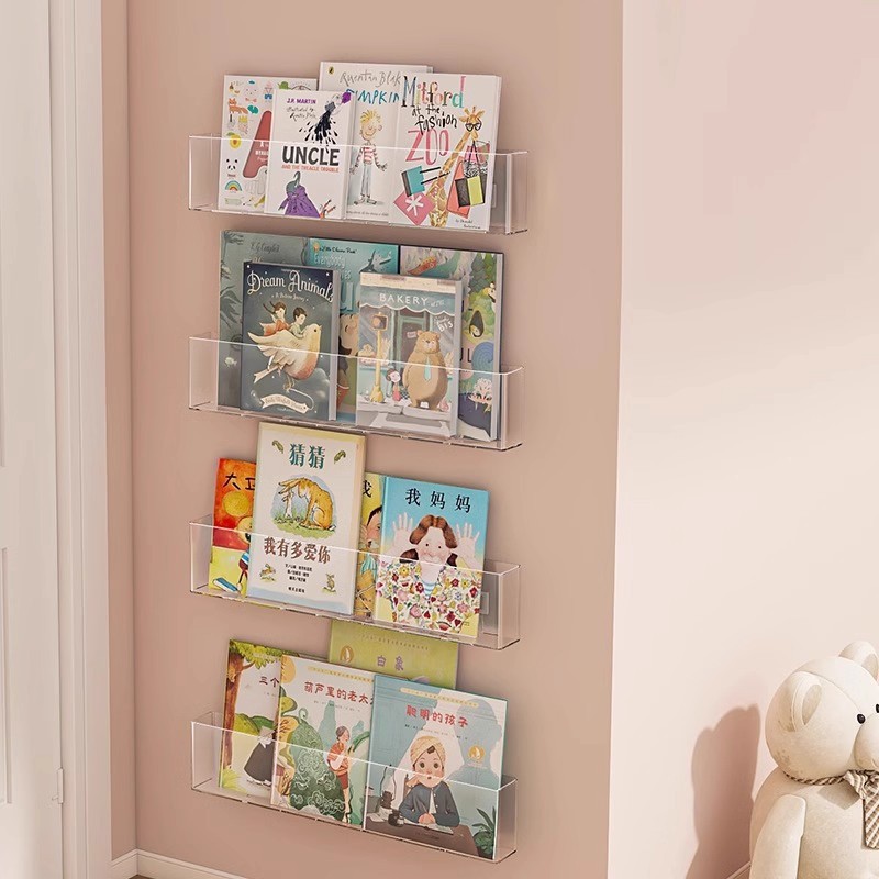 No-Drill Wall-Mounted Bookshelf, Wall-Mounted Hallway Door Back Storage Rack, Wall-Mounted Transparent Acrylic Children's Picture Book Display Rack