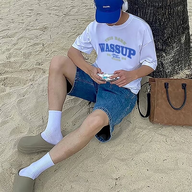 Retro Summer Korean Style New High Waist Slimming Loose Casual Straight Wide Leg Short Trendy Denim Pants Men's Five-point Pants