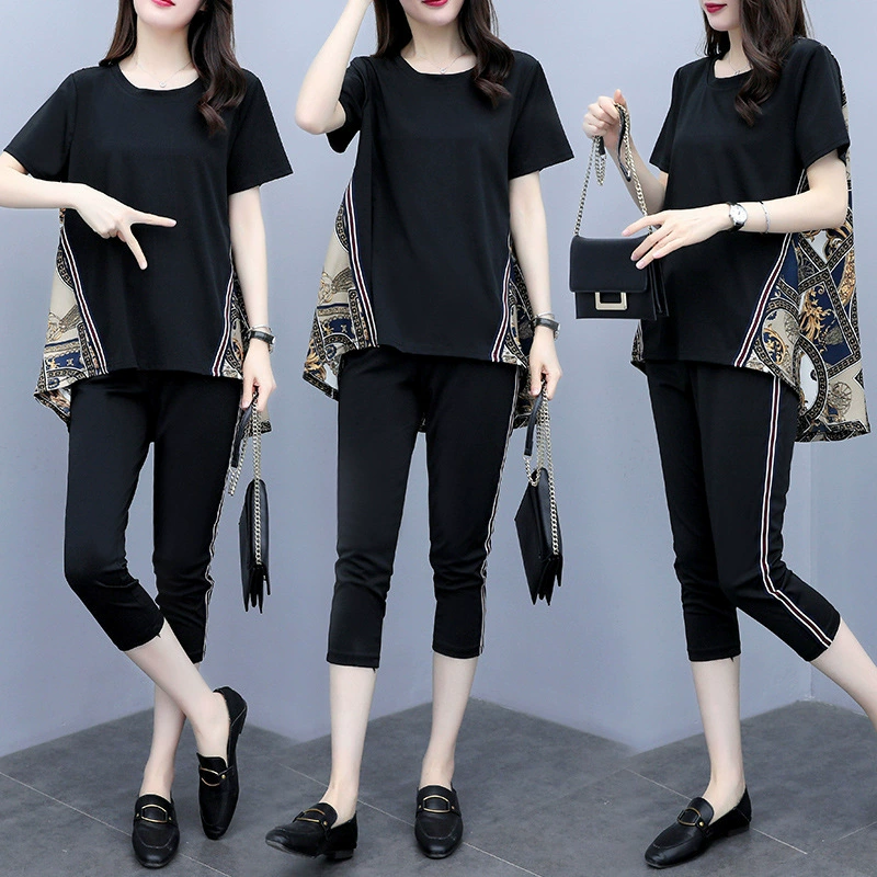 Летняя женская одежда больших размеров 2024, новый укороченный брючный костюм в западном стиле, уменьшающий возраст, повседневный свободный стройнящий костюм из двух частей, модный