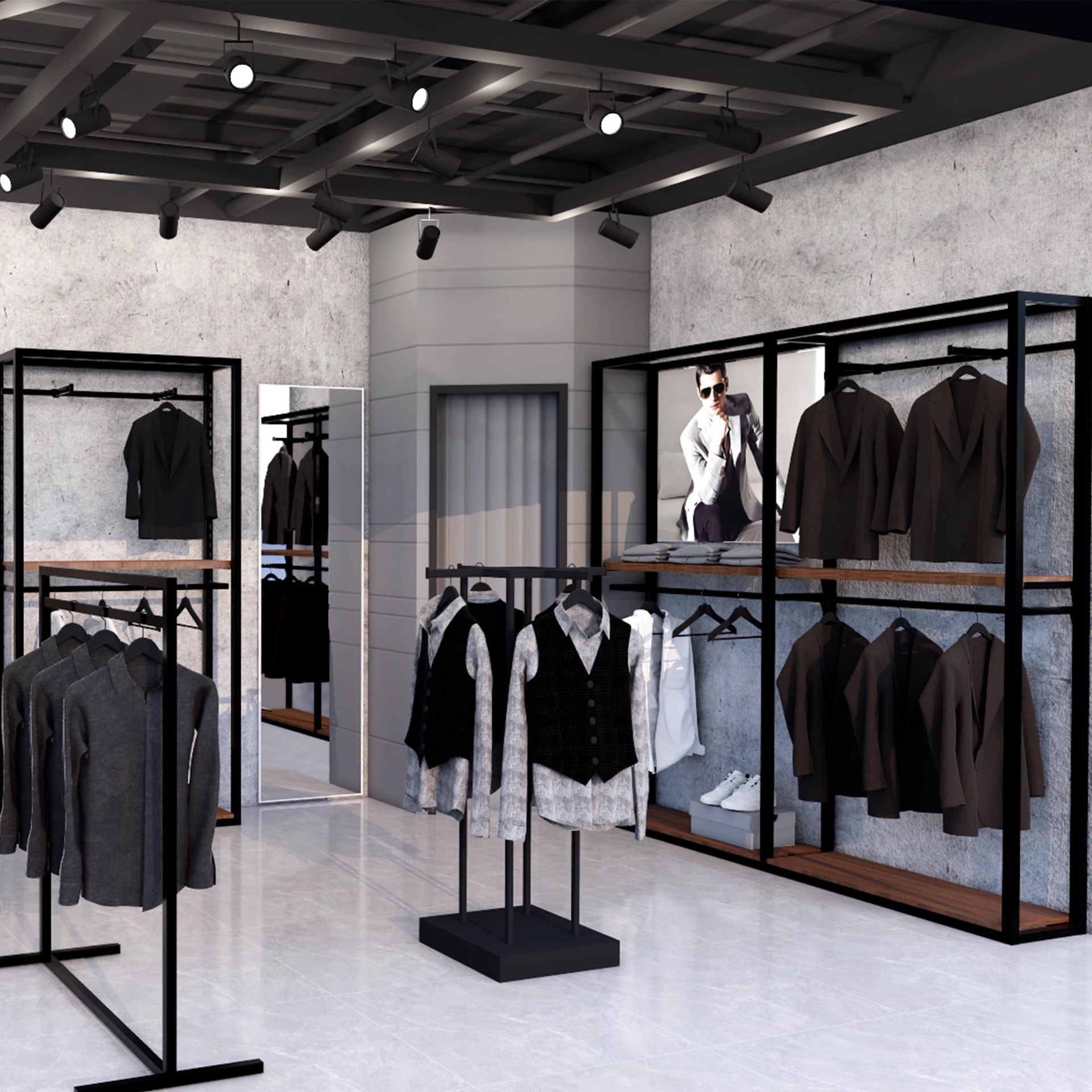 Tienda de ropa de hombre de marca tienda de ropa personalizada estante de exhibición estante de mostrador del centro comercial tipo piso estante de exhibición multicapa