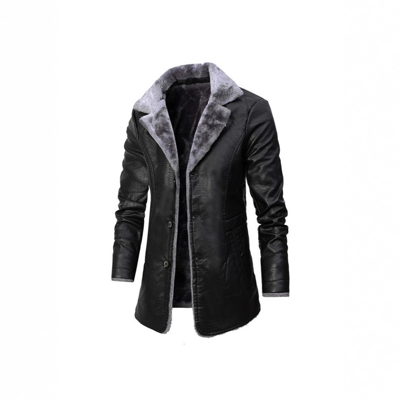 Cross-Border Export Autumn and Winter Mid-Length Fur All-In-One Leather Jacket Men's European Size Plus Velvet Lapel Suit Flat Jacket