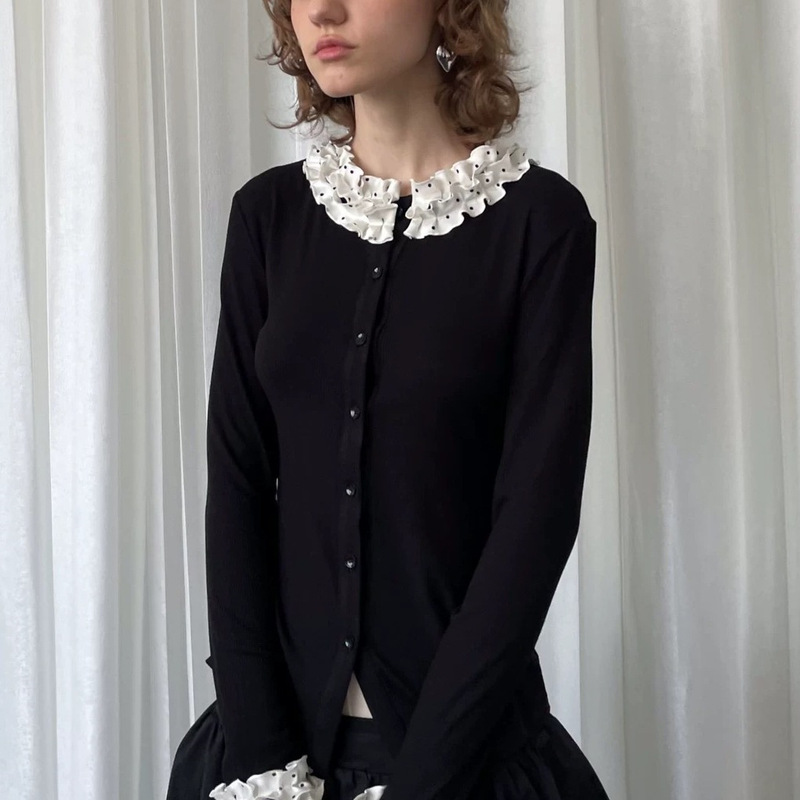 Black Long-Sleeve Knit Cardigan with Polka Dot Lace Sleeves for Women, Versatile and Slim-Fitting Base Layer Black Long-Sleeve Knit Cardigan with Polka Dot Lace Sleeves for Women, Versatile and Slim-Fitting Base Layer
