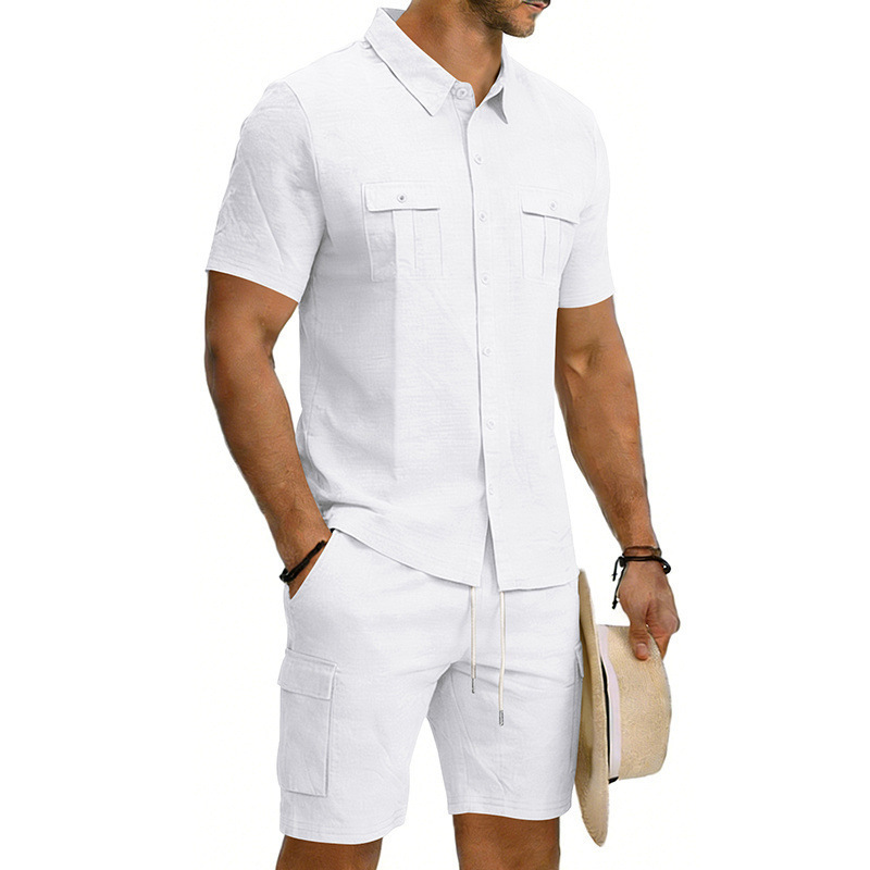 Men's Summer Linen Shirt And Work Shorts Set Casual Sports Outdoor Loose Fit Short Sleeved Collared Suit_viptrois.com