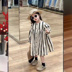 韓國童裝2024女童春黑白豎條紋時髦寬鬆圓領襯衫裙長袖公主連衣裙