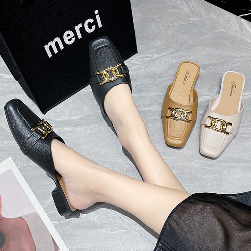 Baotou Half Slipper Women Fashion Outdoor Wear Chanel Style Lazy Slippers for Outdoor Use Anti-Slip Women Flat Sandals