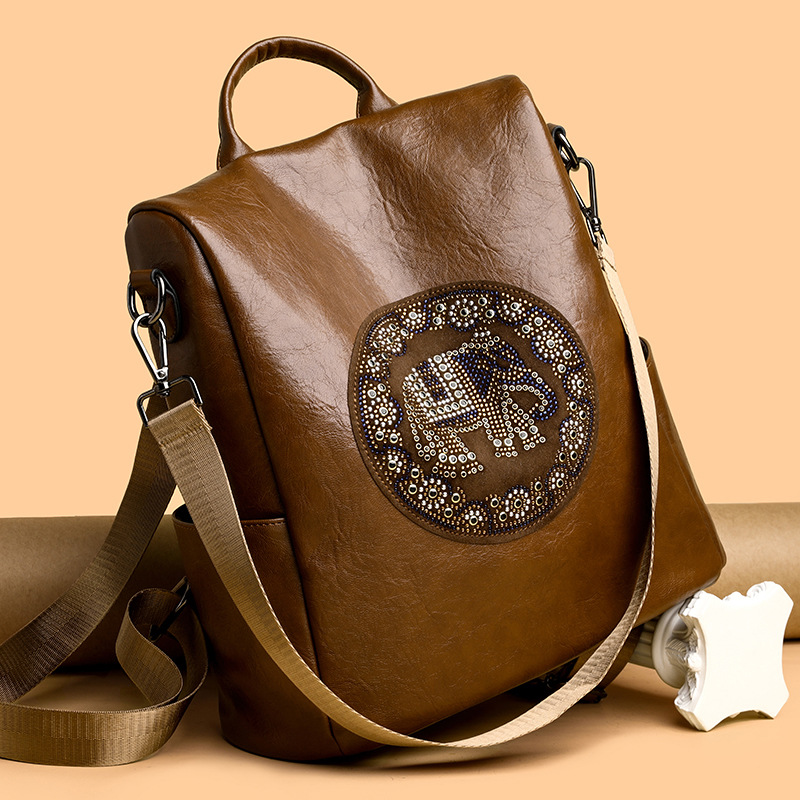 正品刺绣吉象镶钻真皮双肩包女2024防盗旅行背包上学女多功能书包