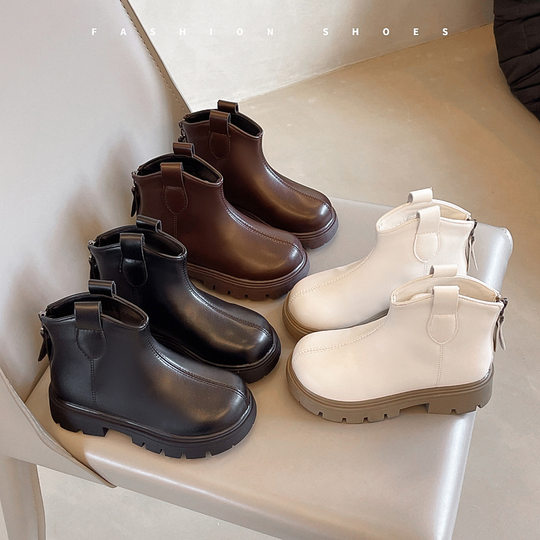 Girls boots 2024 new autumn and winter black fleece-lined short boots children's leather boots winter shoes cotton martin boots