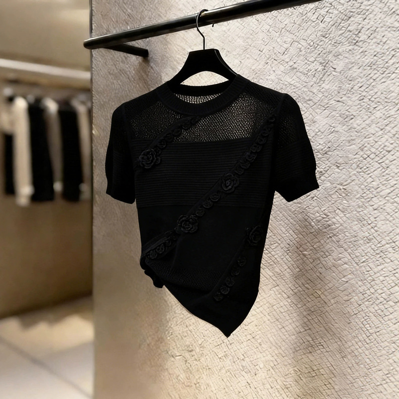 Black Hollow Lace Spliced ​​Knitted Short-Sleeved Top for Women 2026 Summer New Style Stylish and Noble Asymmetrical Blouse