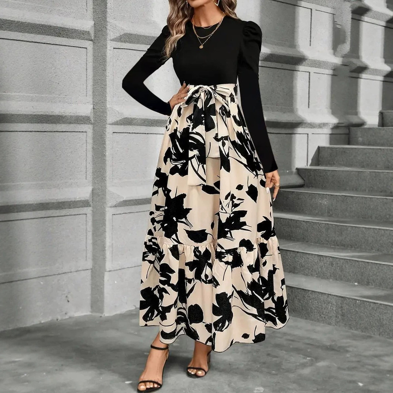 2026 Cross-Border Women's Autumn Hot-Selling Floral Print Round Neck Long Sleeve Exotic Vacation Style Elegant Dress for Women 2026 Cross-Border Women's Autumn Hot-Selling Floral Print Round Neck Long Sleeve Exotic Vacation Style Elegant Dress for Women