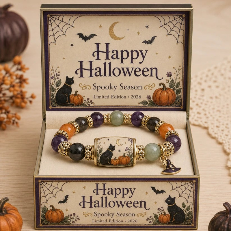 Halloween-themed bracelet with natural chalcedony witch hat pendant, black cat pumpkin bracelet, black cat witch hat bracelet
