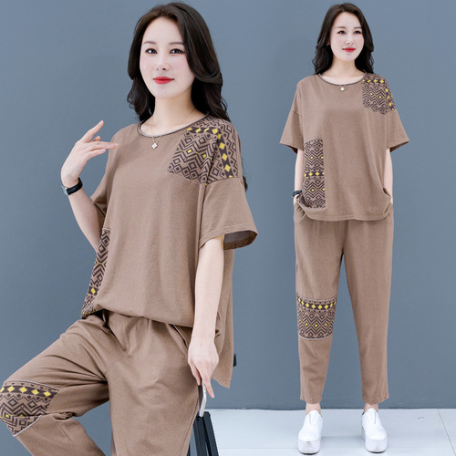 Summer 2022 new large size two-piece set slimming middle-aged mother women's fashion sports suit women's fat MM women's clothing