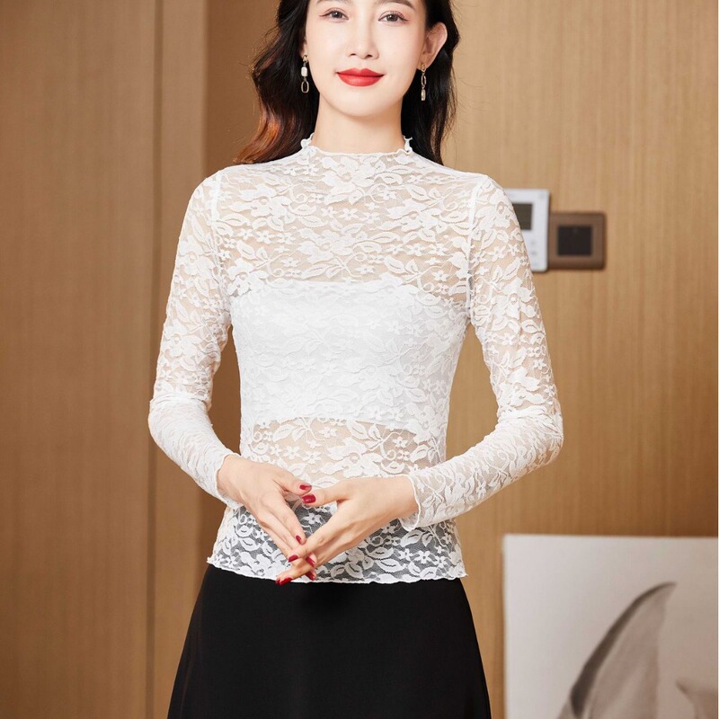 High Neck Base Fake Lace Shirt Women's Sweet Inner Lace Lace Shirt Sexy Elegant Hollow Out