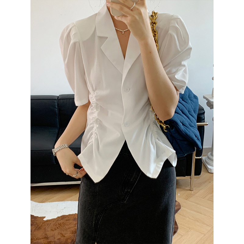 橘芷2021夏短袖西装复古纯泡泡袖女单粒扣宽松韩休闲西服外套2136