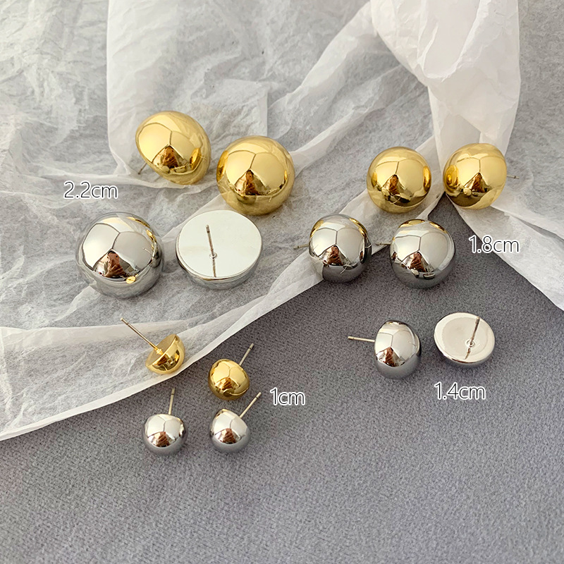 简约百搭金属半球高级感925银针耳钉光面拉丝半球耳环耳饰批发