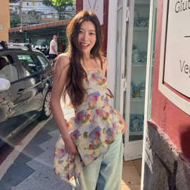 【双层抹胸】收腰花色抹胸吊带背心女2025年夏季小众设计感上衣