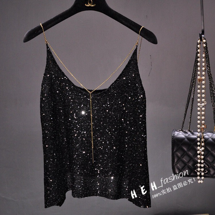 Summer Spaghetti Strap Sequin V-Neck Camisole with Metal Chain Pendant, Sexy Backless Top for Women Summer Spaghetti Strap Sequin V-Neck Camisole with Metal Chain Pendant, Sexy Backless Top for Women