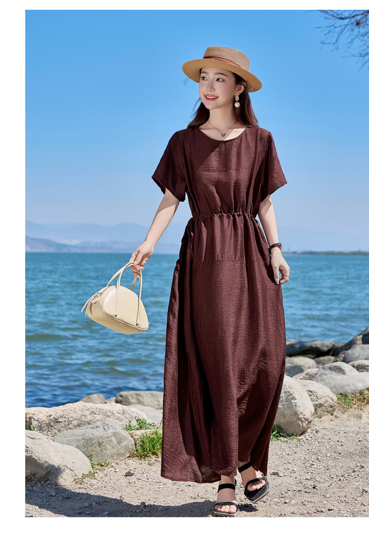 Đầm maxi nữ cổ tròn tay ngắn eo thon dáng dài — Màu đen, Màu nâu đỏ, Màu xám chi tiết 13